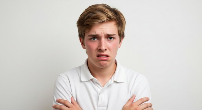 柔らかな光が優しく当たる白い壁を背景に腕を組みながら何かを深く心配しているかのように見える若い男性の複雑な感情が溢れる表情. AI Generated