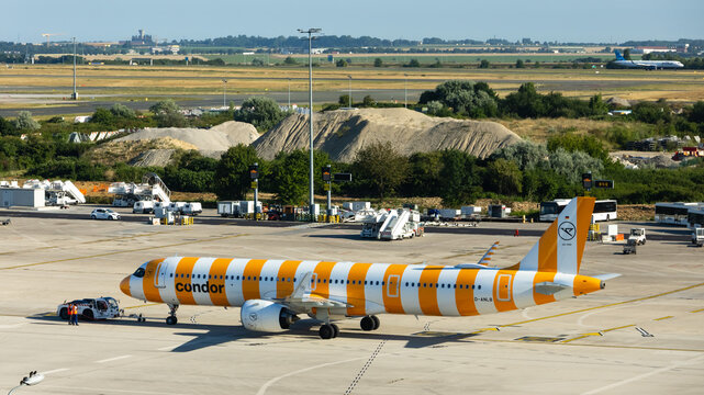 Condor Airbus A321 airplane on sunny airport tarmac at CDG, Paris airport.