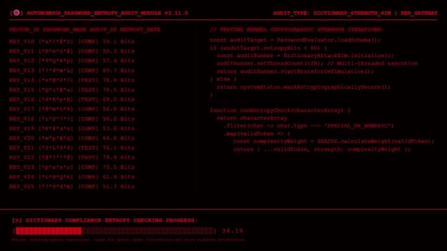 Red Cyber Security Terminal Displaying Autonomous Password Entropy Audit Module Source Code Dictionary Strength Simulation Progress HUD Screen Background.