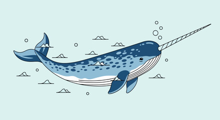 Whimsical Narwhal Illustration with Clouds and Bubbles © MUHRODIN