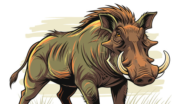 Warthog Illustration - African Wild Boar with Tusks in Natural Habitat