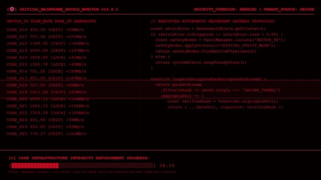 Red Cyber Security Terminal Displaying Critical Mainframe Shield Monitor Source Code Sector Data Flow Metrics And Core Infrastructure Integrity Enforcement Progress HUD Screen Background.