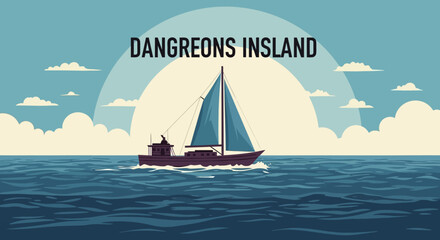 Naklejka premium Sailing boat at sea with sun and clouds, pixel art style, Dungeons Island text.