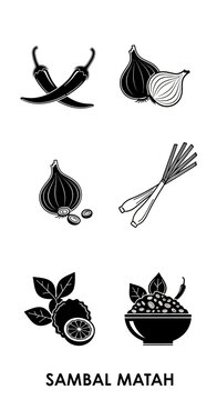 Sambal Matah Ingredients: Chili, Onion, Lemongrass, Lime, Garlic Vector Icon Set