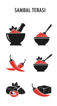 Sambal Terasi Icon Set: Chili, Shrimp, Mortar, Paste