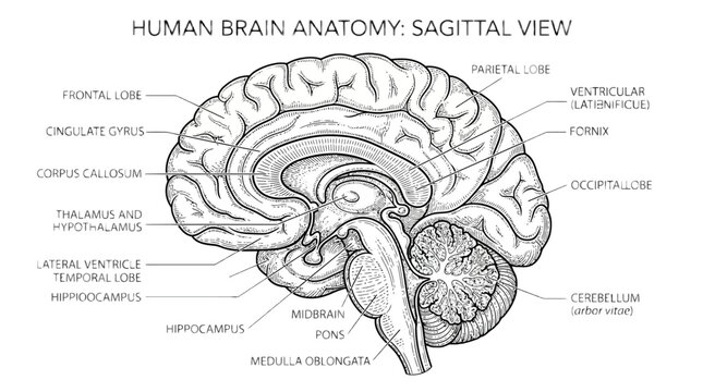 Detailed illustration of human brain anatomy in sagittal view showing various structures