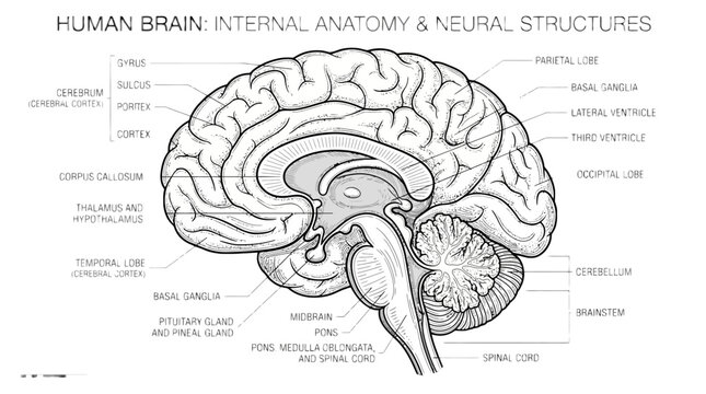 The detailed illustration depicts the human brain's internal anatomy and neural structures.