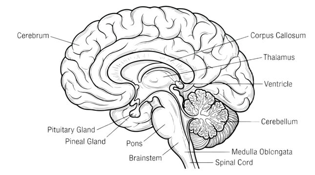 Detailed illustration of a human brain with labeled components