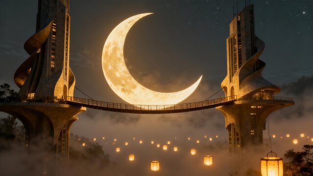Surreal Fantasy Landscape with Glowing Crescent Moon Between Two Futuristic Towers and Floating Lanterns in Dreamy Night Sky