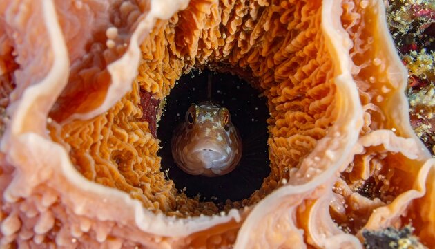 Close-up of a tiny fish peering out of a coral crevice. The fish's eye and face are visible. The coral texture is detailed