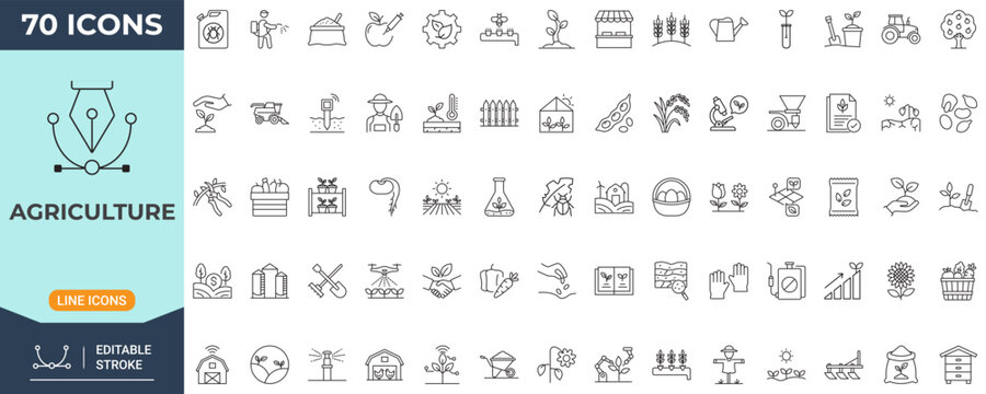 Agriculture icon set. Modern icon in outline style. Collection of farming, crop, tractor, harvest, and livestock symbols. Editable stroke. Vector icon collection.