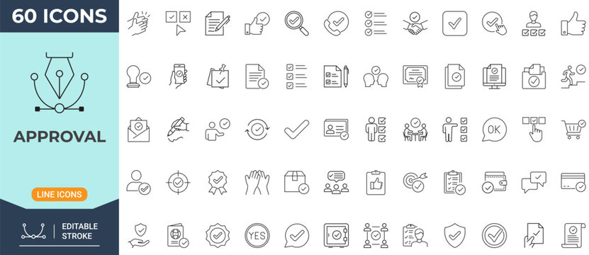 Approval icon set. Modern icon in outline style. Collection of approval, agreement, signature, verification, and authorization symbols. Editable stroke. Vector icon collection.