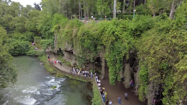 Lush Green Waterfall and Cave in Duden Waterfall Park, Antalya Turkey