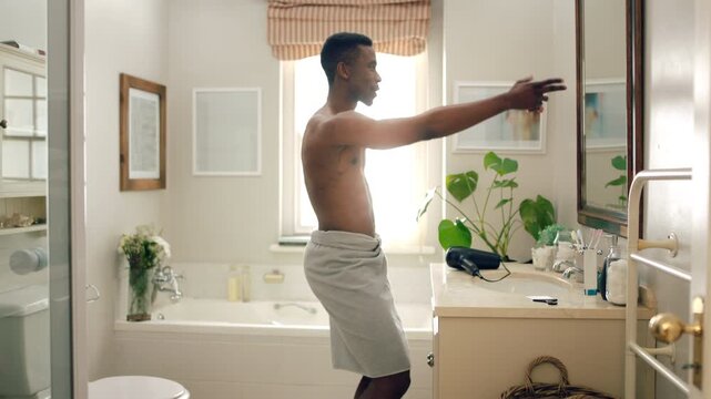 Black man, fun and playing guitar in bathroom with energy, morning routine and grooming karaoke. Male person, dancer and singing with fantasy instrument, musical performance and getting ready in home