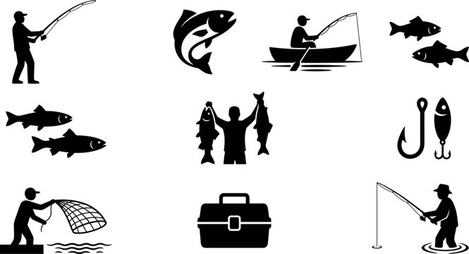 Comprehensive set of black icons showing fishing scenes including anglers in boats catching salmon people holding fish tackle boxes hooks and nets for hobbyists.