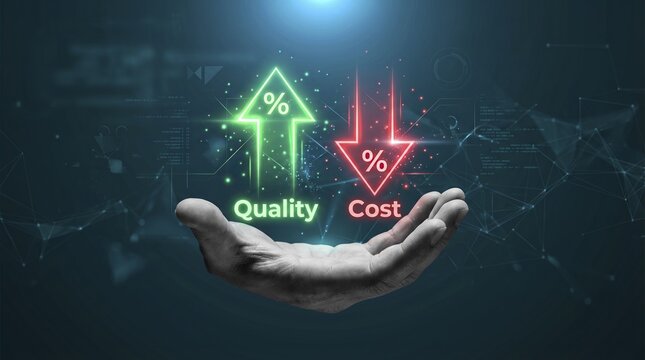 Hand holding up quality and down cost with percentage growth and decline arrows