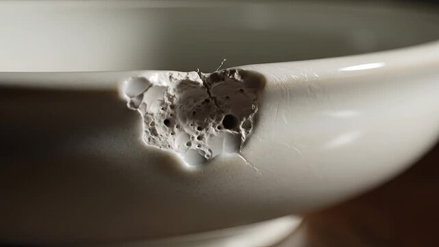 Close up of a chipped white ceramic bowl showing damage detail.