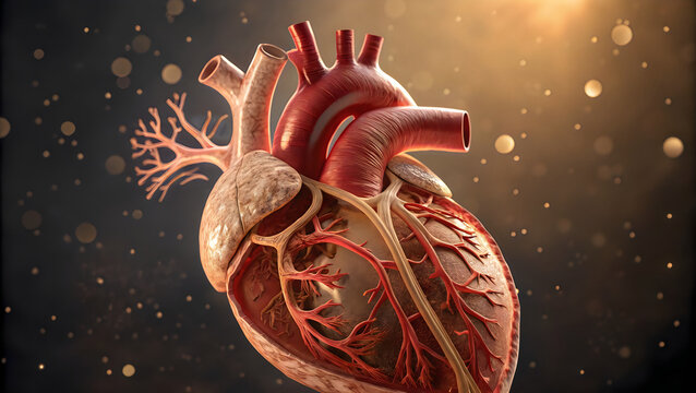 A futuristic heart floating amidst a cosmic backdrop with a pacemaker device implanted.