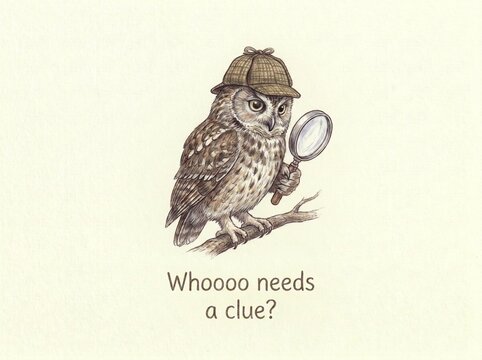 Cute hand drawn owl detective wearing a deerstalker hat holding a magnifying glass.