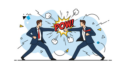 Fototapeta premium Two angry businessmen in suits engage in a physical fight and punch each other with a comic book style pow explosion bubble in between them.