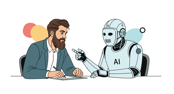 Intelligent businessman sits at a table having a serious conversation with a sophisticated humanoid robot representing artificial intelligence.