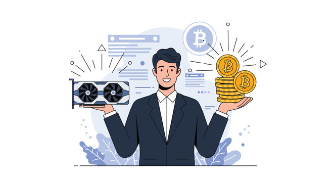 Successful young man in a suit holds a modern computer graphics card in one hand and a stack of gold bitcoin coins in the other hand.