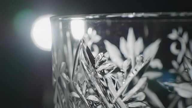 Closeup of a crystal glass with intricate floral engravings catching the light.