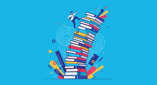 Ambitious young man in a white shirt and tie climbs up a dangerously tall stack of colorful books against a blue and abstract background.