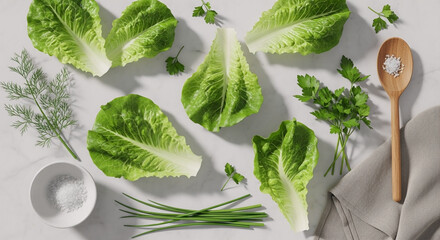 Obraz premium Fresh buttercrunch lettuce leaves arranged with herbs, sea salt, and a wooden spoon on a white marble background, ideal for healthy eating and cooking.