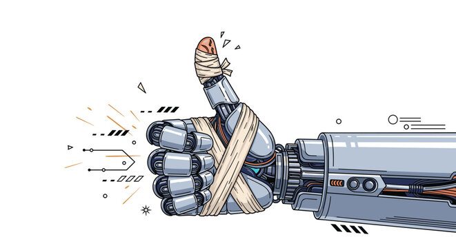 Robotic hand gives a thumbs up gesture despite having a bandaged thumb representing resilience and recovery in technology and repair.