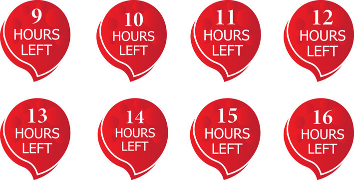Modern 1 to 6 hours left countdown badges for mobile applications and e-commerce shopping, including clean graphic layouts