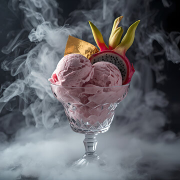 Dragon fruit ice cream sundae with heavy smoke effects