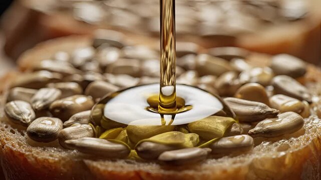 Closeup of sunflower seeds on bread with oil dripping.