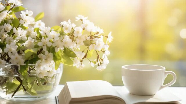 Spring interior with cup of coffee, tea and books on windowsill with blossoming white flowers bouquet. Blurred background. Home decor. Spring themed or Womens day greeting video card with copy space.