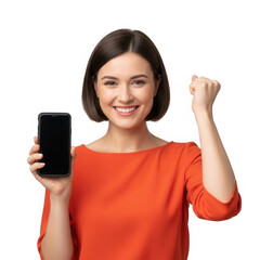 Fototapeta premium Woman in red sweater holding a mug while smiling isolated on transparent background