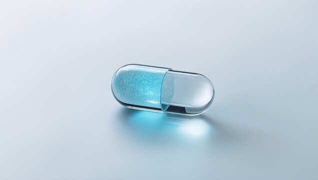 Conceptual transparent glass capsule pill with glowing neon cyan digital matrix