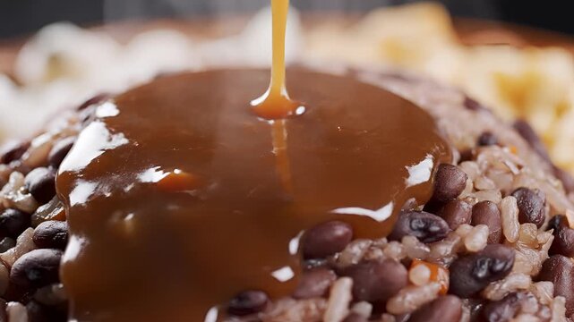Gallo Pinto with Gravy Being Poured on Top Close Up.