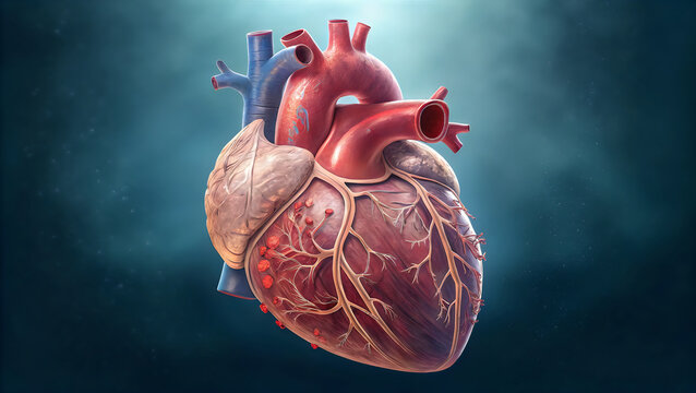Anatomical illustration of the human heart with visible blood vessels and pacemaker
