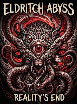 Dark fantasy illustration featuring a terrifying eldritch monster with many eyes and tentacles.