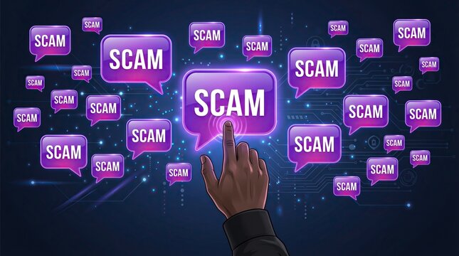 Hand pointing at glowing purple 'SCAM' speech bubbles on a dark digital background