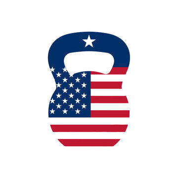 Patriotic Kettlebell Icon with American Flag Design. USA Fitness and Strength Training Symbol for Gym and Workout.