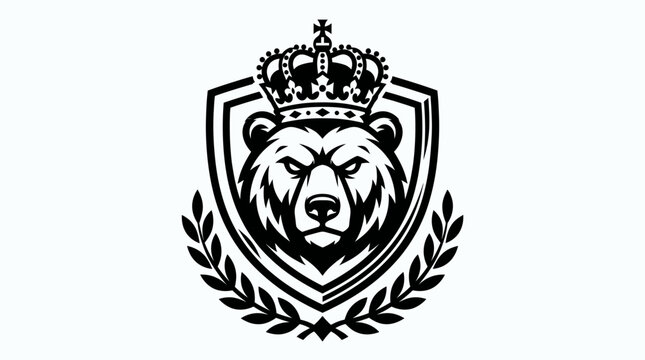 Strong bear head with crown inside a shield emblem, surrounded by a laurel wreath. Vintage animal mascot logo design, power and heraldry concept.