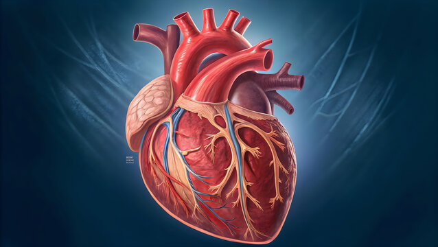 Anatomical illustration of the human heart with visible chambers and major blood vessels