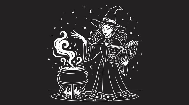 Fantasy Witch Casting Spell with Magic Cauldron and Spellbook, Mystical Occult Illustration