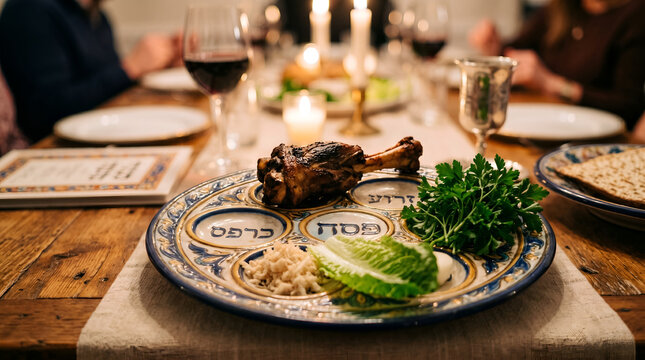 Passover Seder plate sits on a rustic wooden table surrounded by family members and candles during a traditional festive holiday dinner celebration.