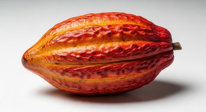 Fresh whole cocoa pod isolated on white background.