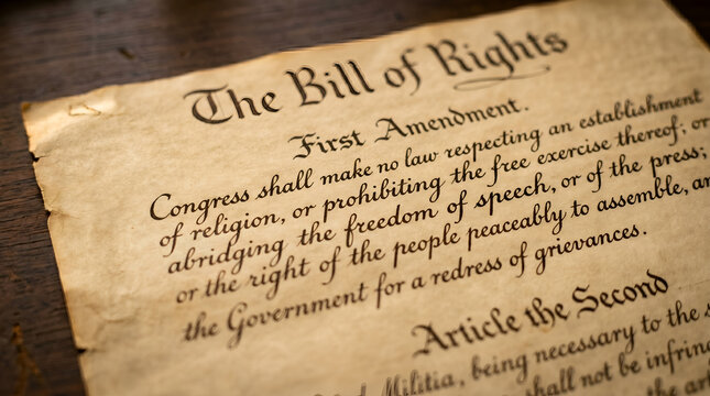 Close-up of United States Bill of Rights First Amendment on Vintage Parchment Paper Over Rustic Wooden Background with Warm Sunlight and Selective Focus