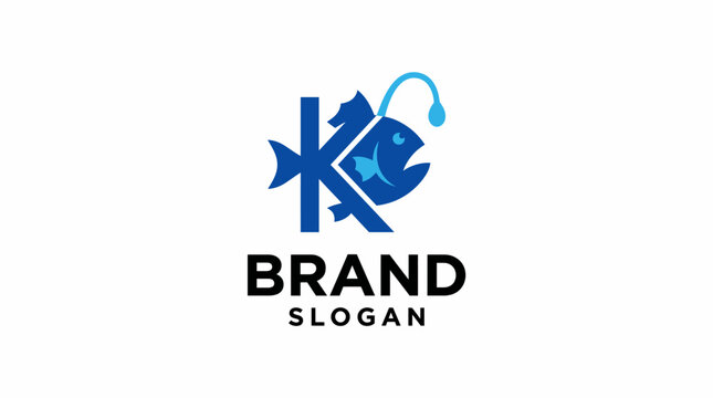Modern K letter and anglerfish logo design. Blue initial icon for fishing, seafood, and aquatic brands.