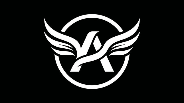 Elegant white capital A with abstract wings in a bold black circular frame. Modern minimalist logo design, sleek graphic icon for branding.