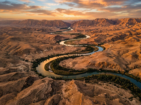 Euphrates River flowing through desert landscape at golden hour